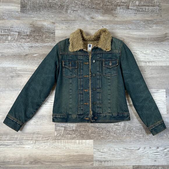 Vtg Gap Y2K Sherpa Collar Jacket XS Shearling Denim Jean Shearling Lining Fall - Picture 1 of 5